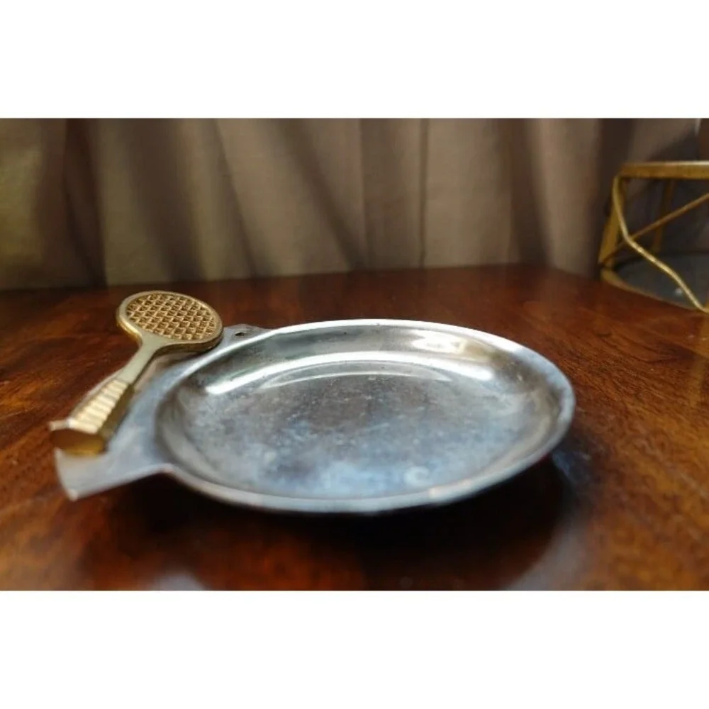Vintage Tennis Racquet Ashtray Trinket Dishware Silver Tone‎ Collectible